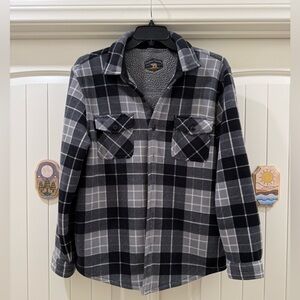 Freedom Foundry/Dry Goods Co: Black and Gray Plaid Button-Up Shirt Jacket